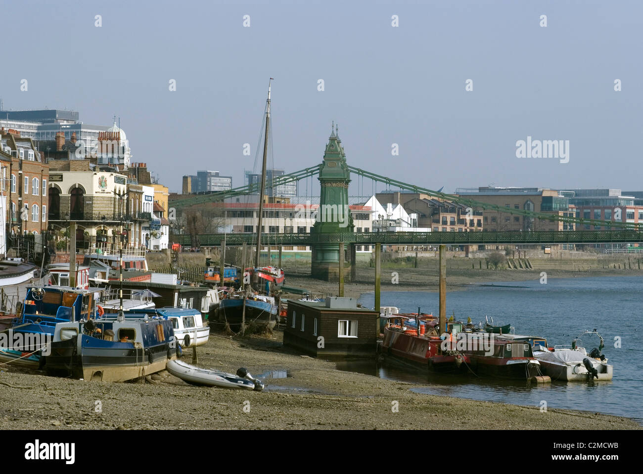 River Thames at low tide looking towards Hammersmith, London. Stock Photo