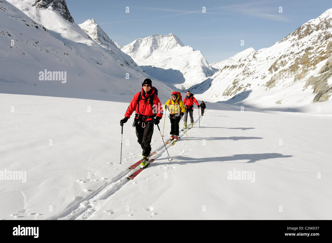 Ski touring on the Otemma Glacier on the Haute Route, Switzerland. Stock Photo