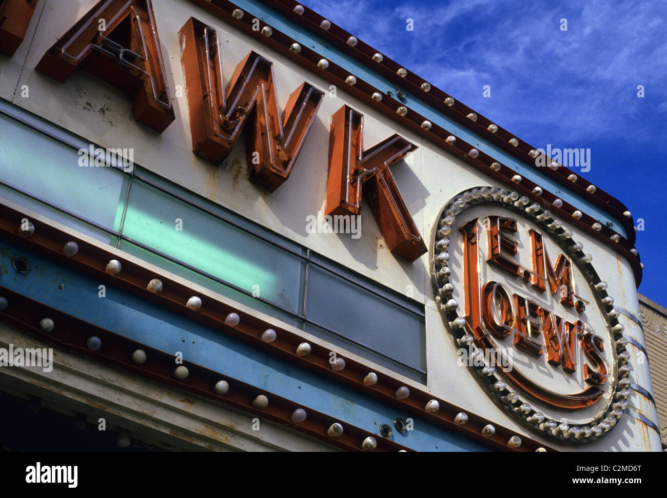 Neon sign and marquee for the Mohawk movie theater in North Adams, Massachusetts. Art Deco theater opened in 1938. Stock Photo