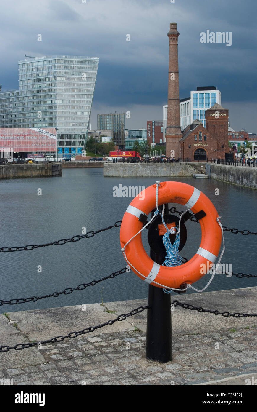 View of the renovated Albert Docks with a view towards the city, Liverpool, Merseyside, England Stock Photo