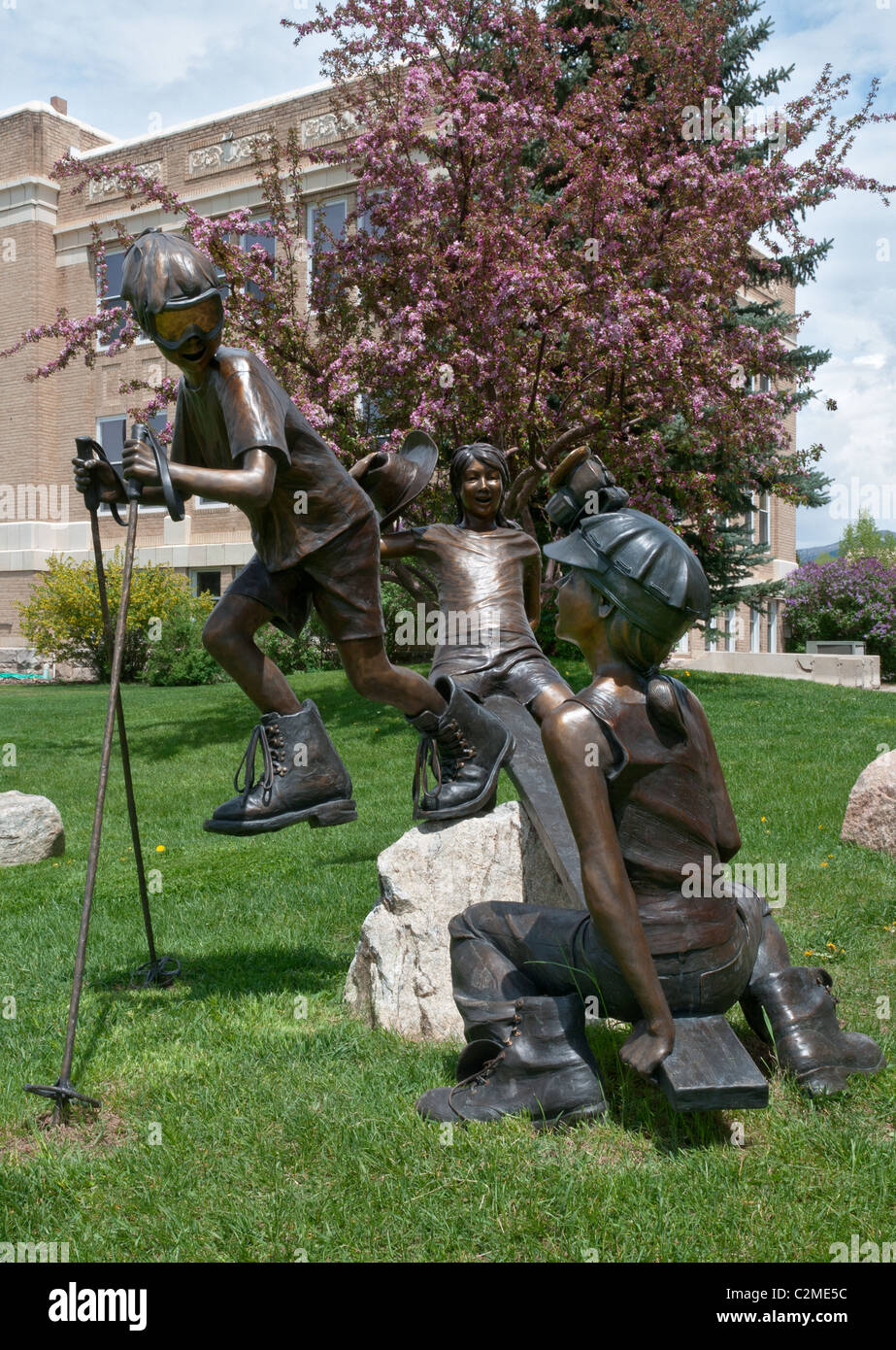 Colorado, Steamboat Springs, bronze sculpture in front of Routt County