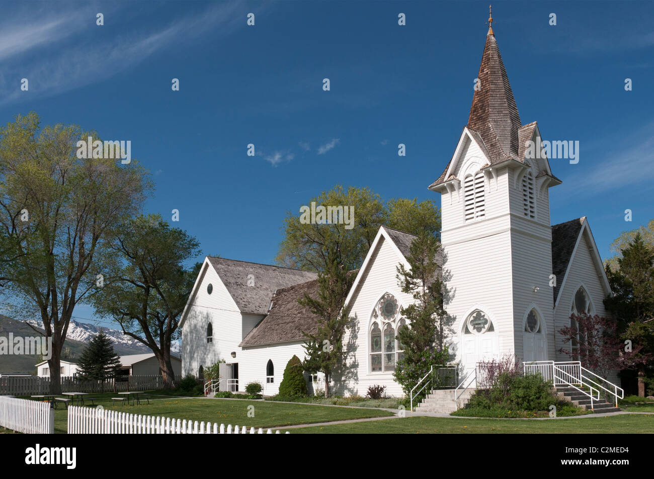 Nevada, Lamoille, Lamoille Presbyterian Church, 'Our Little Church of the Crossroads,' Ruby Mountains in background Stock Photo