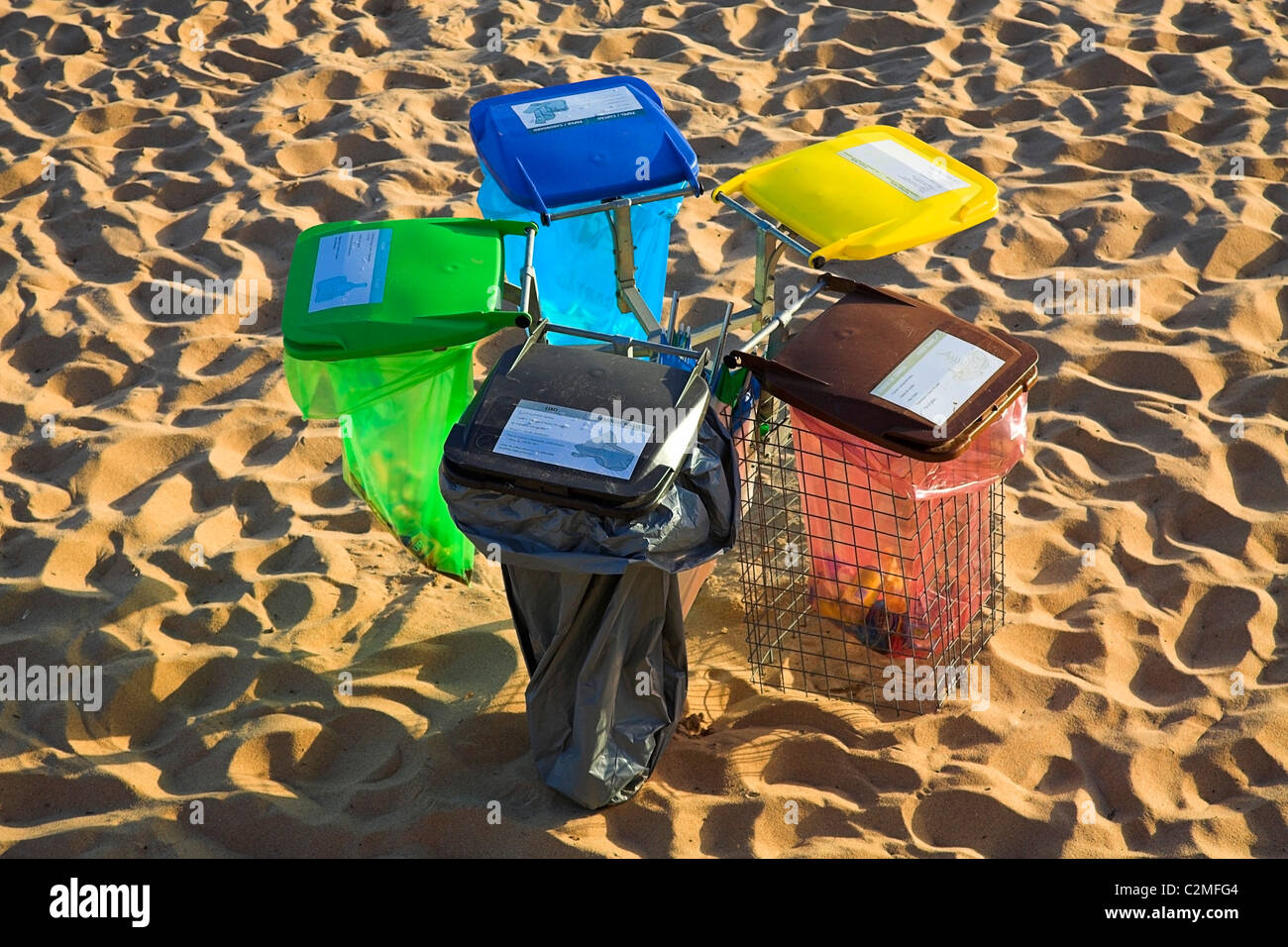 Waste Bins On The Beach, Cascais, Portugal Stock Photo