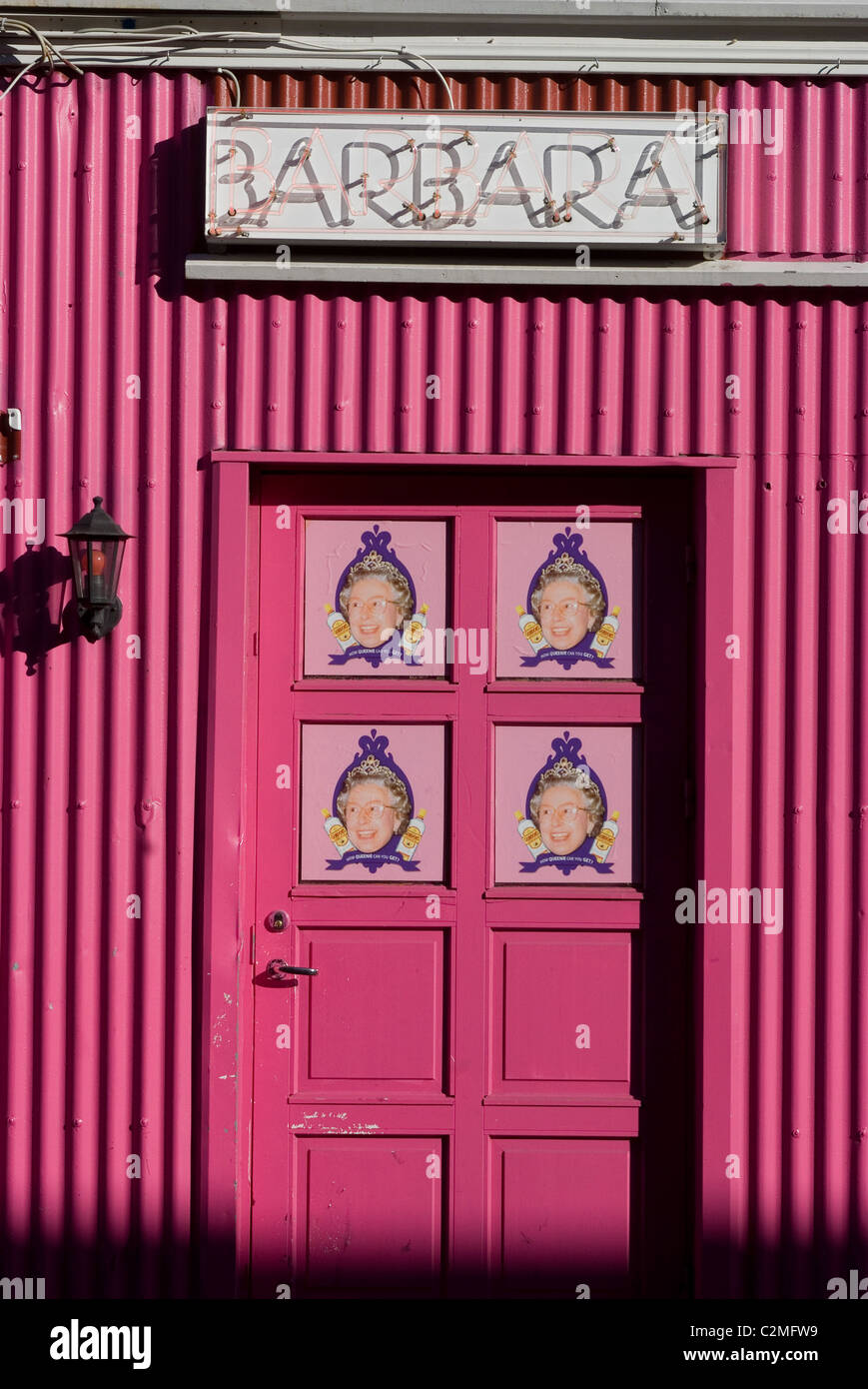 Decorated corrugated iron detail in front of one of the city's famous clubs, Reykjavik, Iceland Stock Photo
