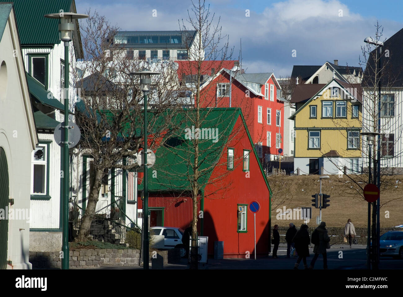 Coloured corrugated iron houses, looking up from the city centre (101) up the hill, Reykjavik, Iceland Stock Photo