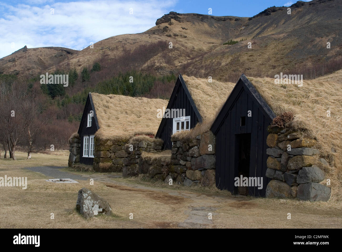 Traditional turf, half underground houses from the last century (and before), Skoga Museum, near Skogafoss, Southern Iceland Stock Photo