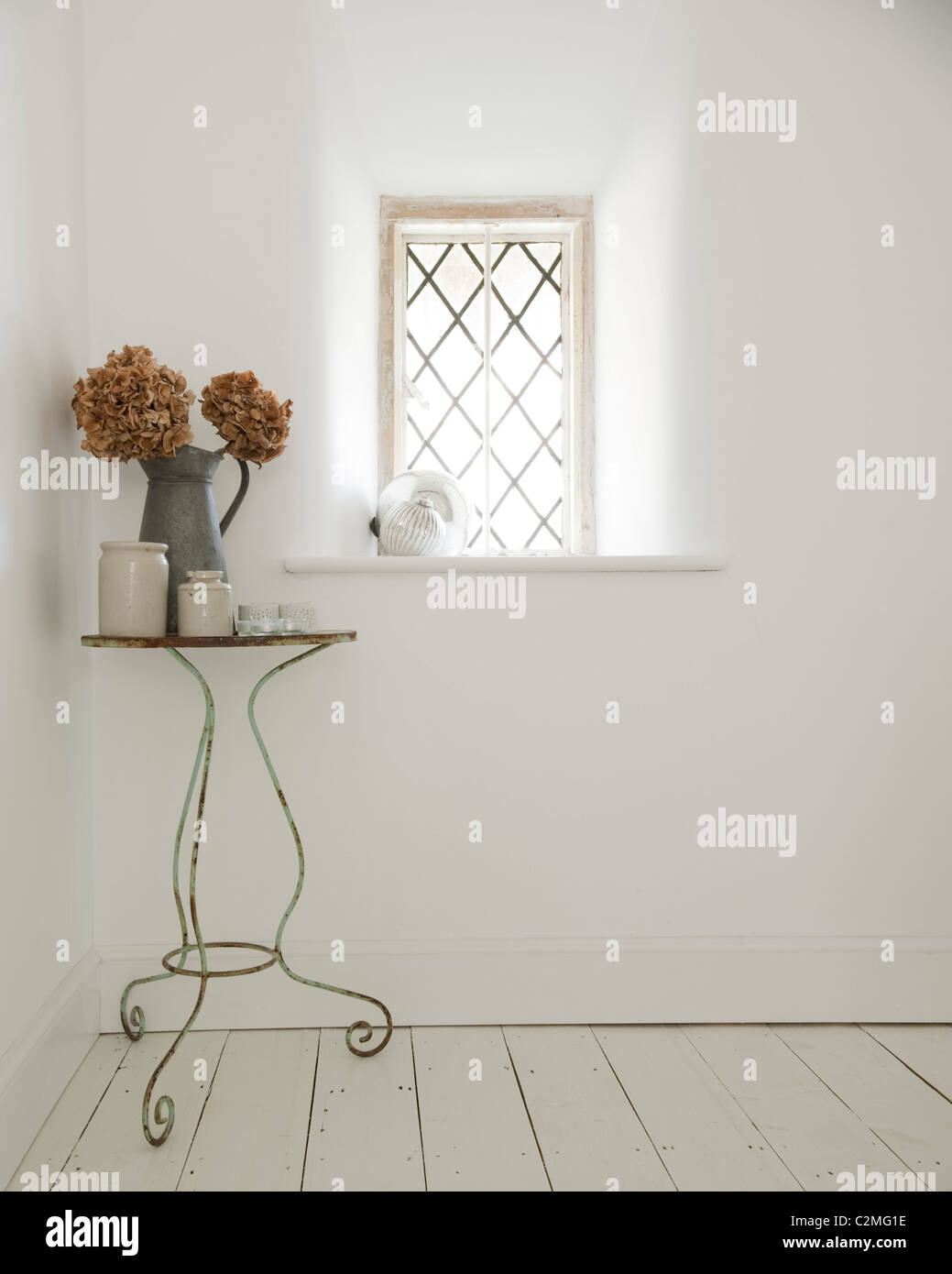 Fancy Window Side Table Window and side table, Orchard Cottage Stock Photo - Alamy