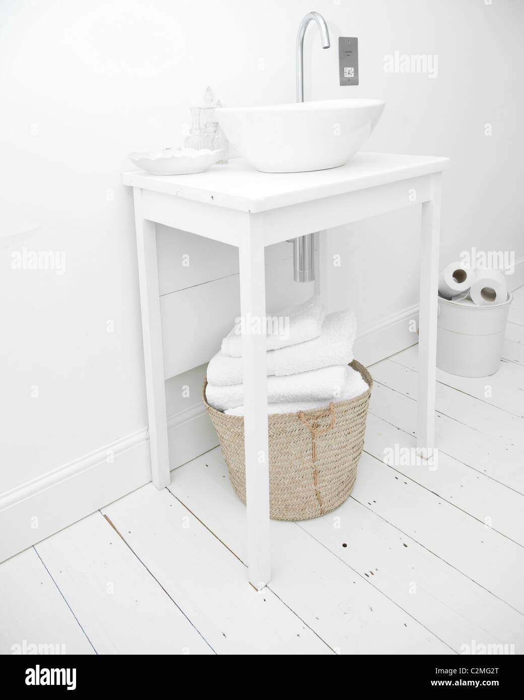 White basin on a stand, Orchard Cottage. Stock Photo