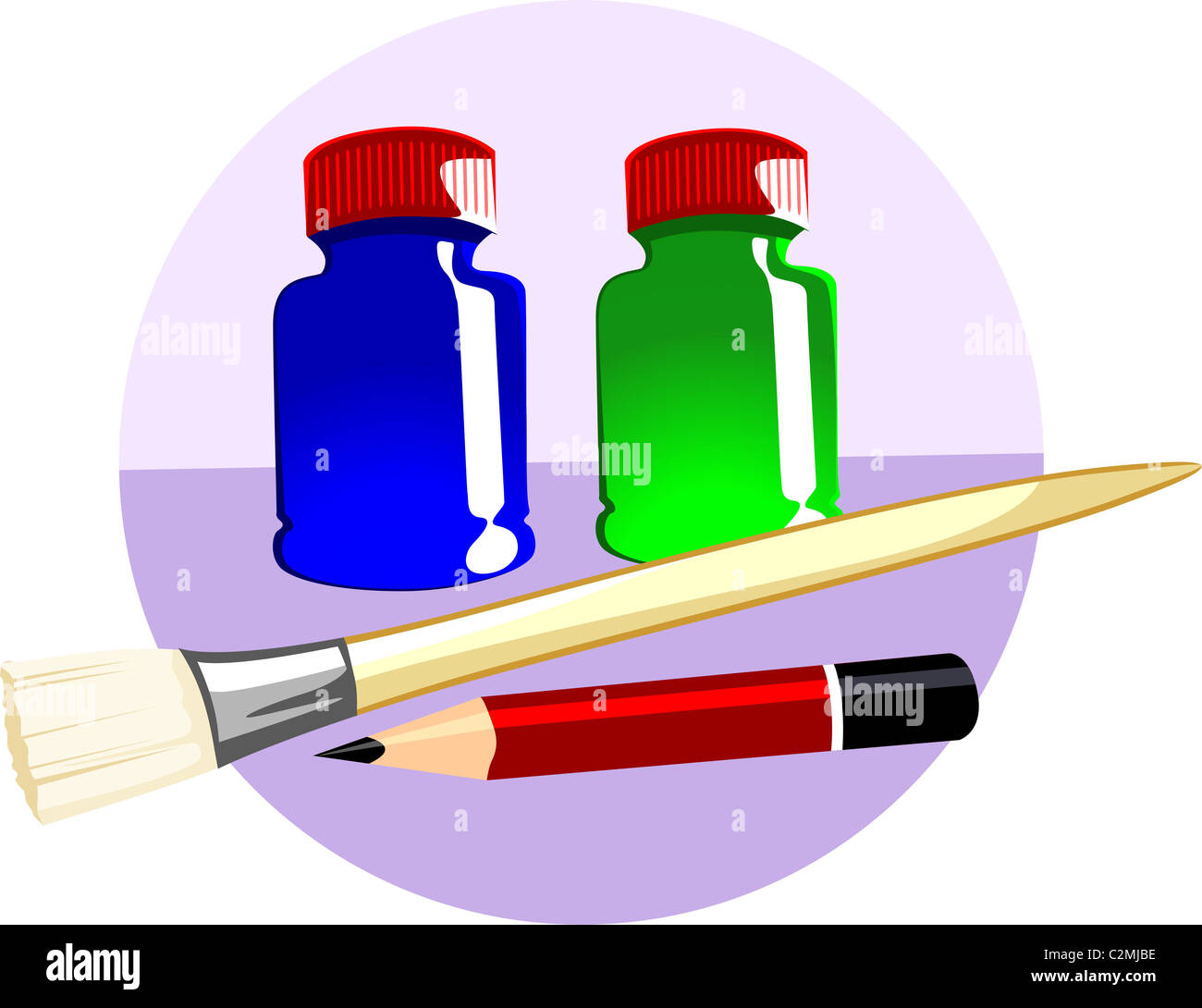 brush, pencil and Colour bottles Stock Photo Alamy