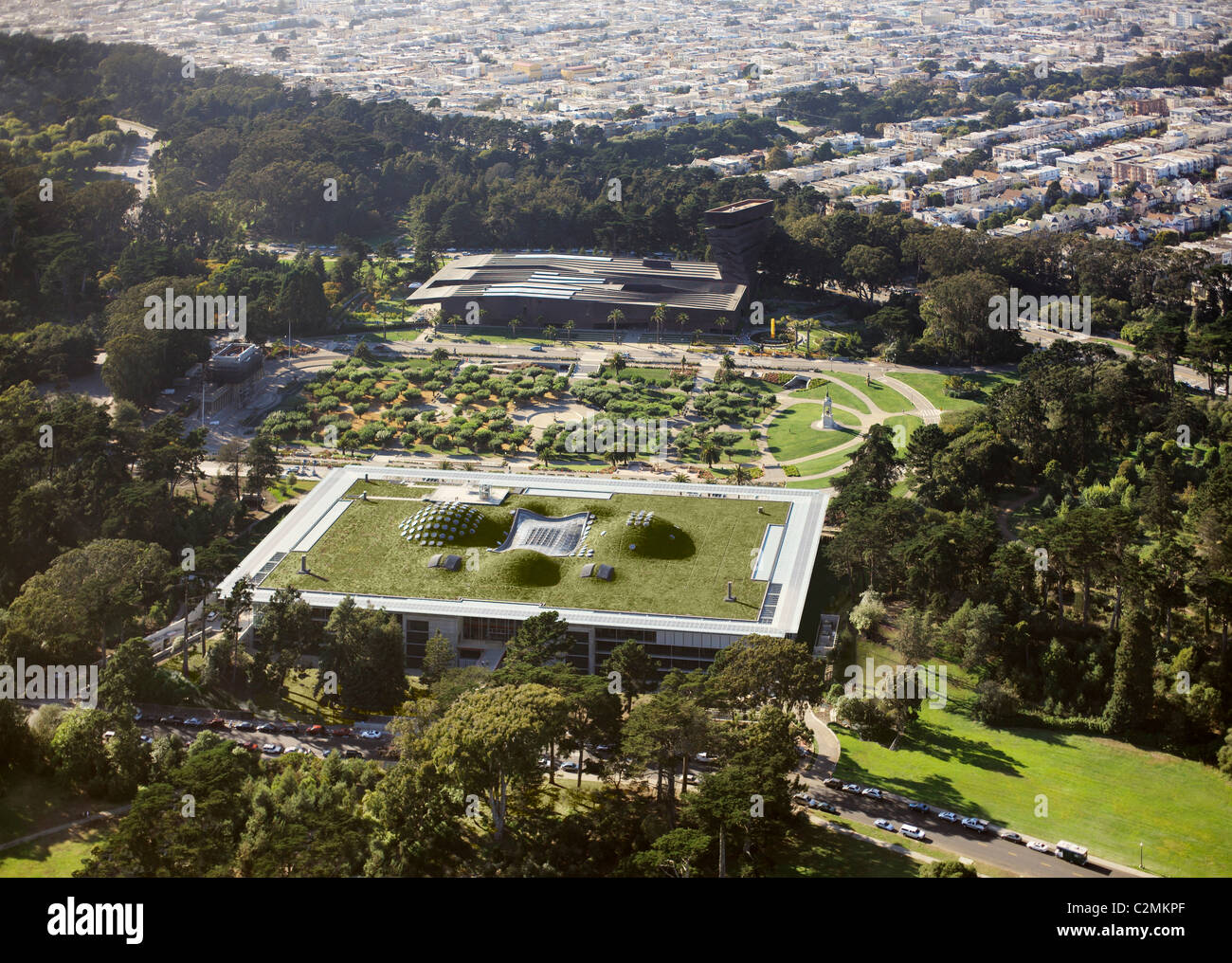 California Academy of Sciences. Aerial view with trees and city Stock Photo