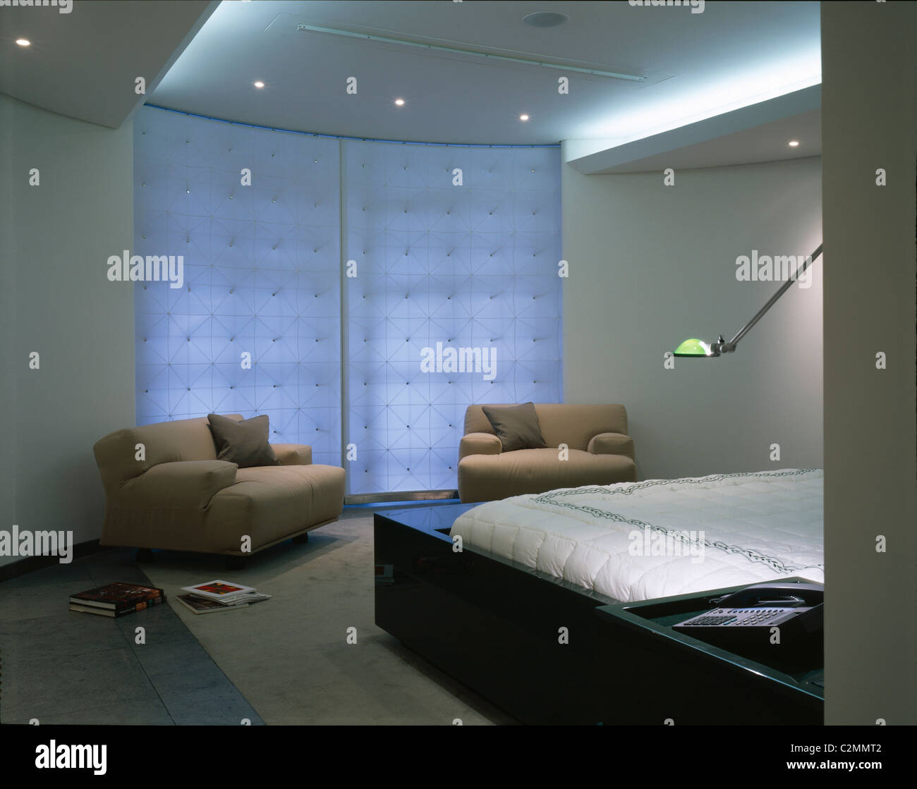Mayfair Apartment Bedroom With Mood Lighting And Fabric