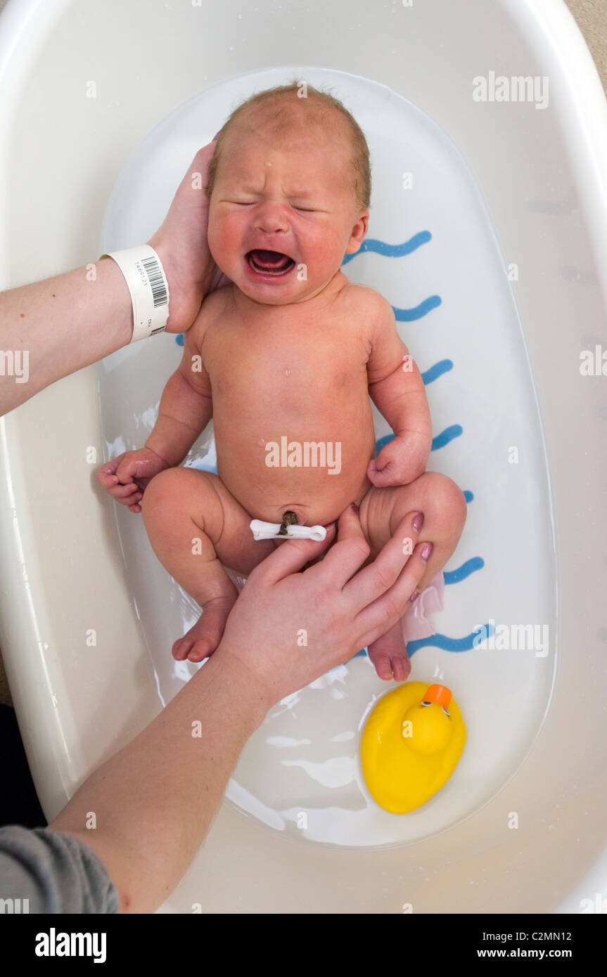 new born baby girl wearing in baby bath with yellow duck. Mother's arm with hospital identity tag Stock Photo