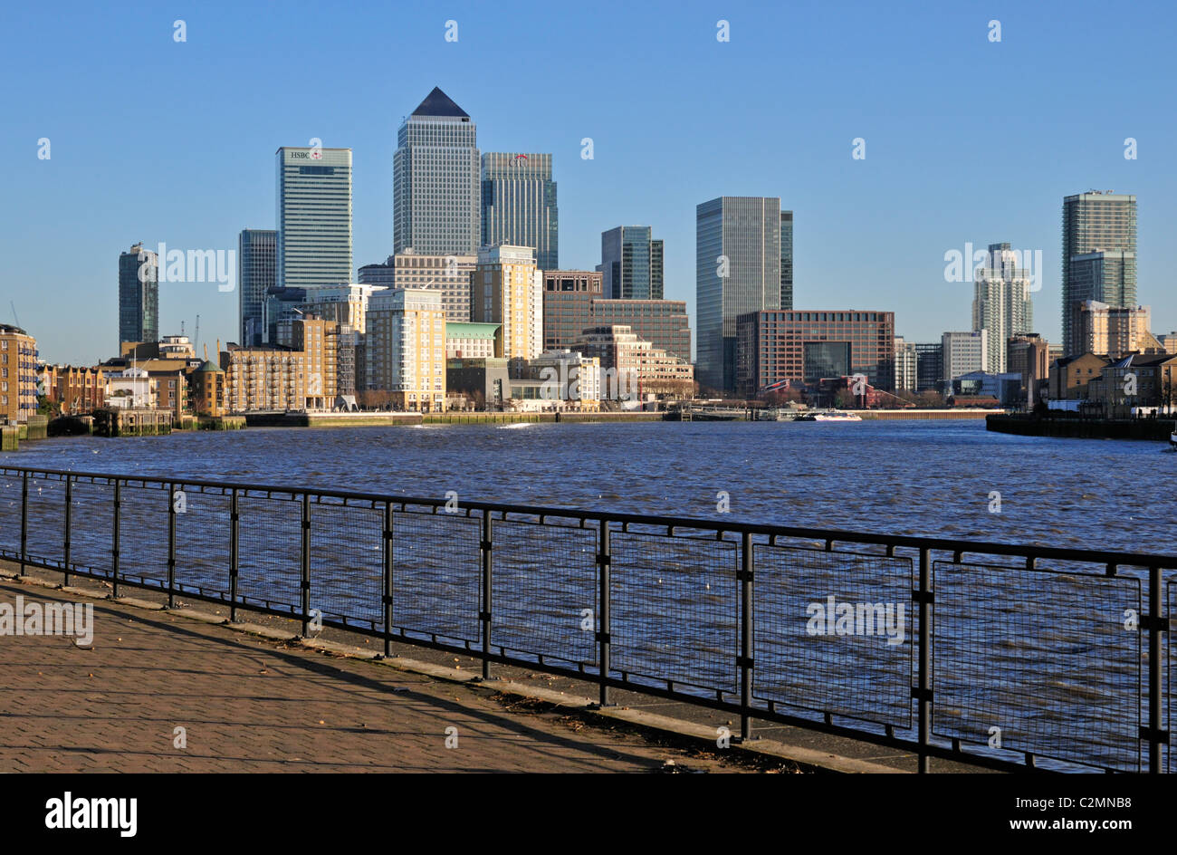 Canary Wharf Estate from the thames walkway at Limehouse, East London, United Kingdom Stock