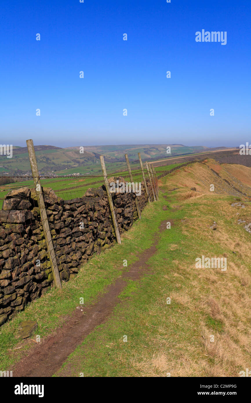 Dry stone wall and fence on moorland above Hayfield, Derbyshire, Peak ...