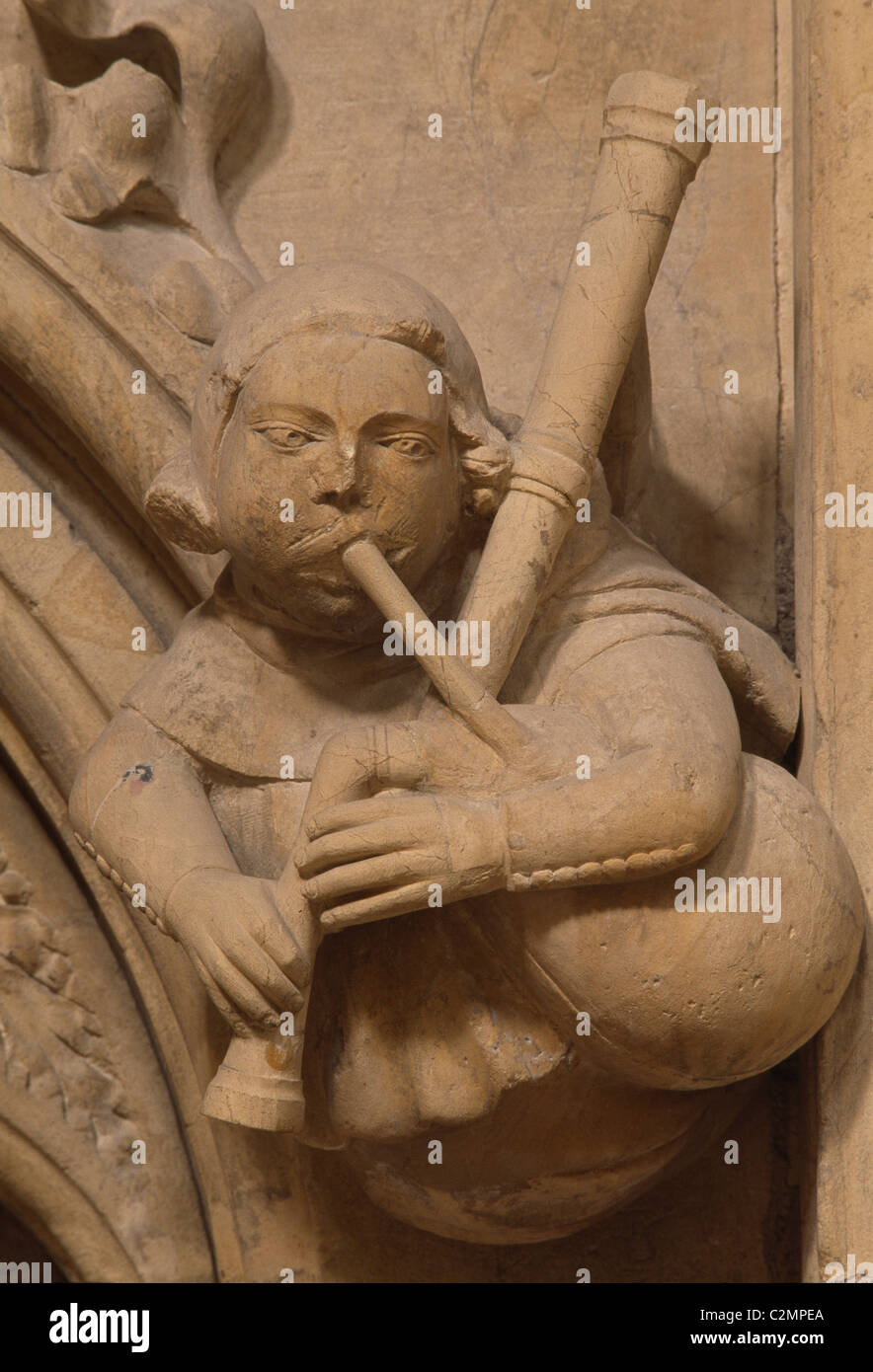 Beverley Minster - Gargoyle playing the bagpipes. Stock Photo