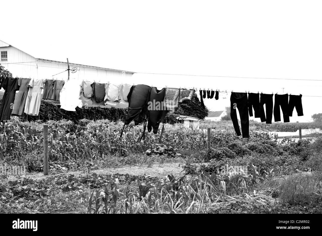 Amish clothes drying on wire, Amish country, Pennsylvania, USA Stock