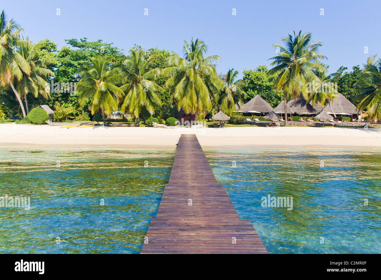 Pontoon, beach and resort from Sainte Marie Island, Madagascar Stock