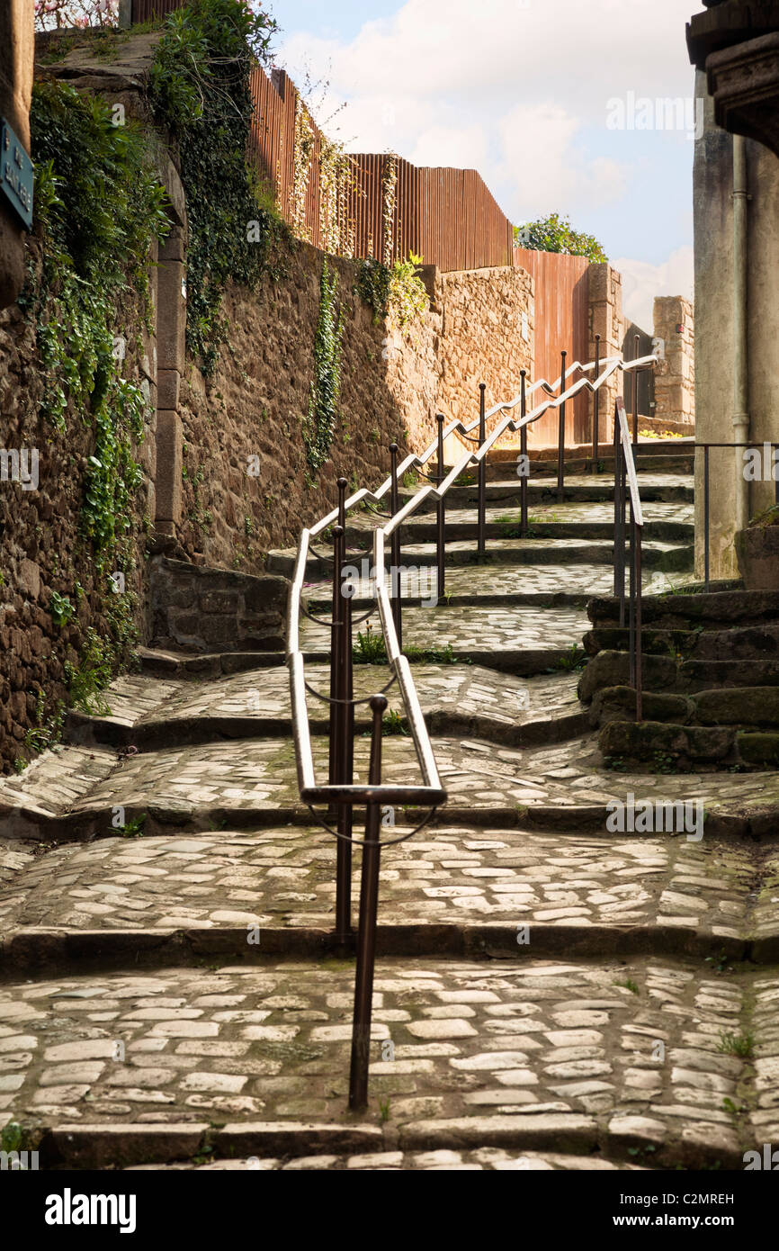 Metal railing and cobbled steps in St Goustan, Auray, Morbihan, Brittany, France, Europe Stock Photo