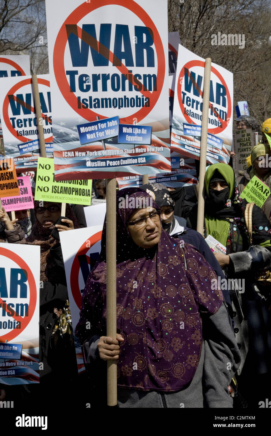 2011: A coalition of  anti-war, socialist, anti-nuclear and American Muslim groups rally and march at Union Square in NYC Stock Photo