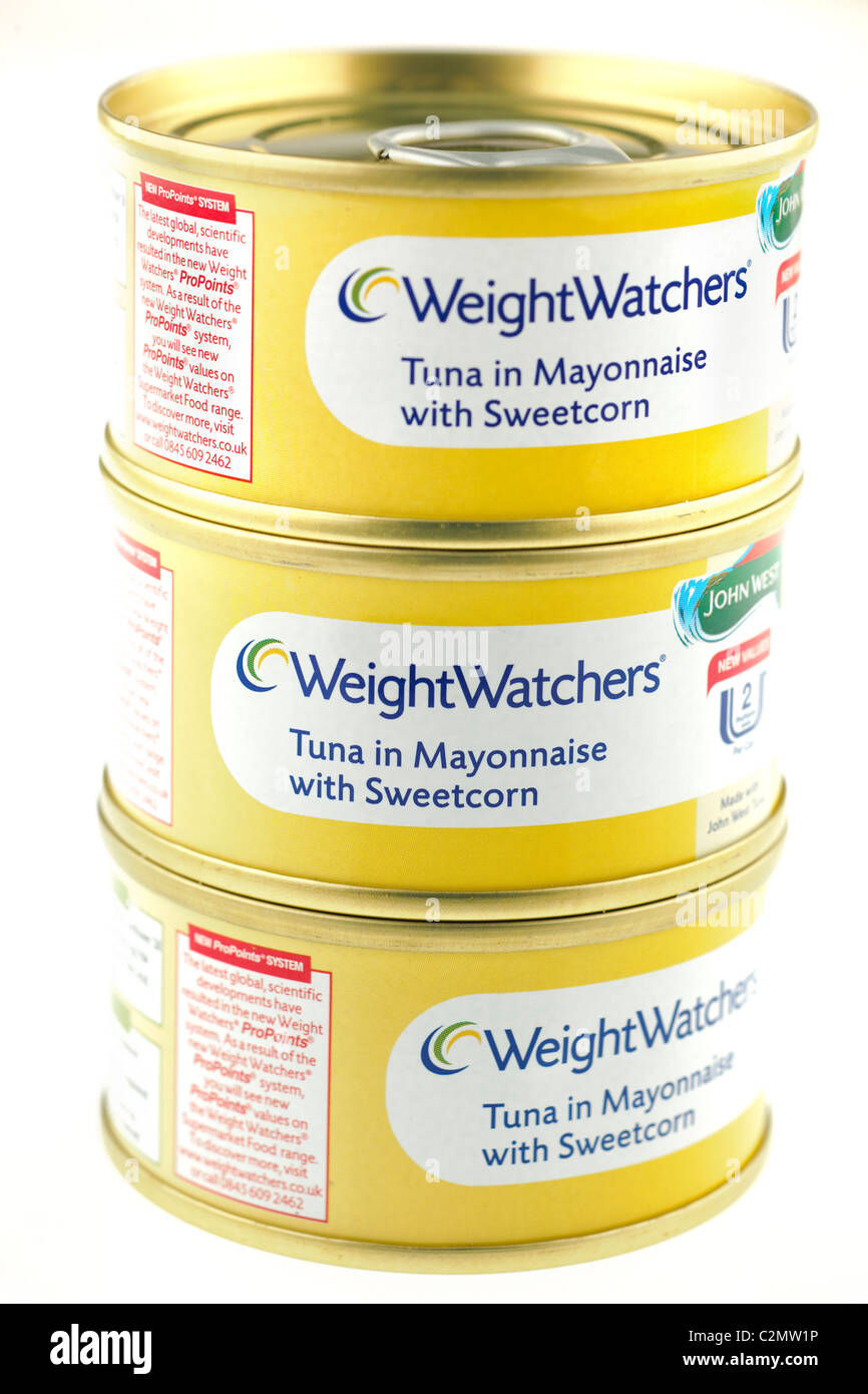 Three cans of Weight Watchers tuna in Mayonnaise with sweetcorn Stock Photo