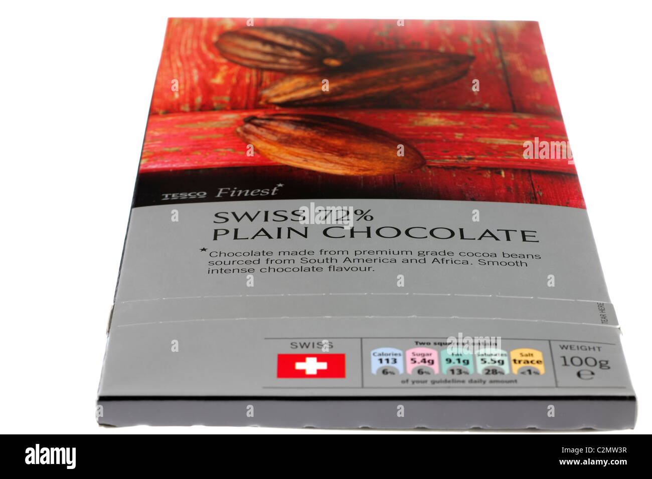 100 gram wrapped block of tesco finest 72% Swiss plain chocolate Stock Photo