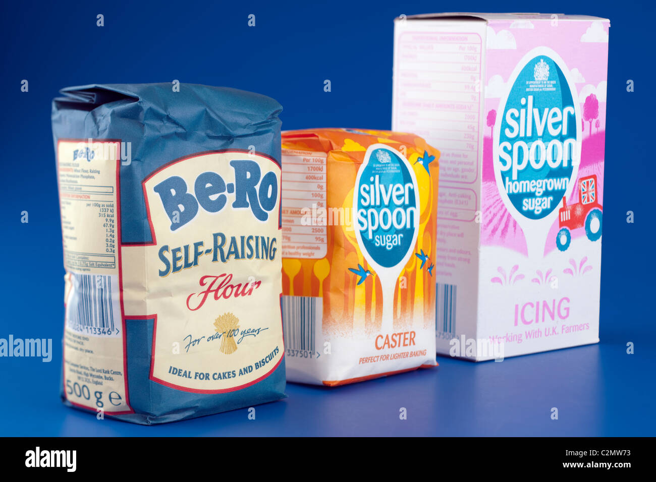 Three bagged and boxed baking products Stock Photo