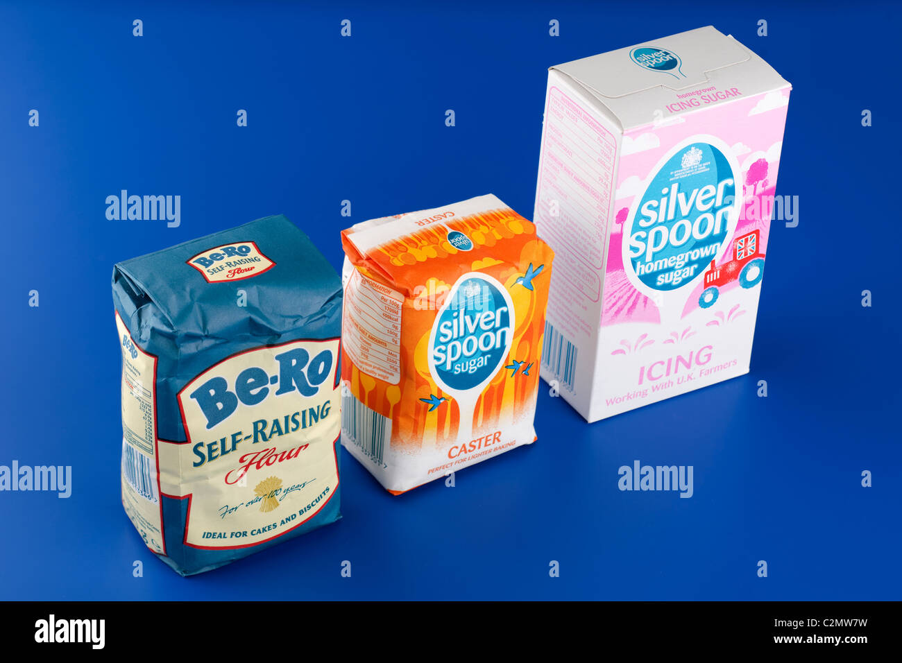 Three bagged and boxed baking products. Stock Photo