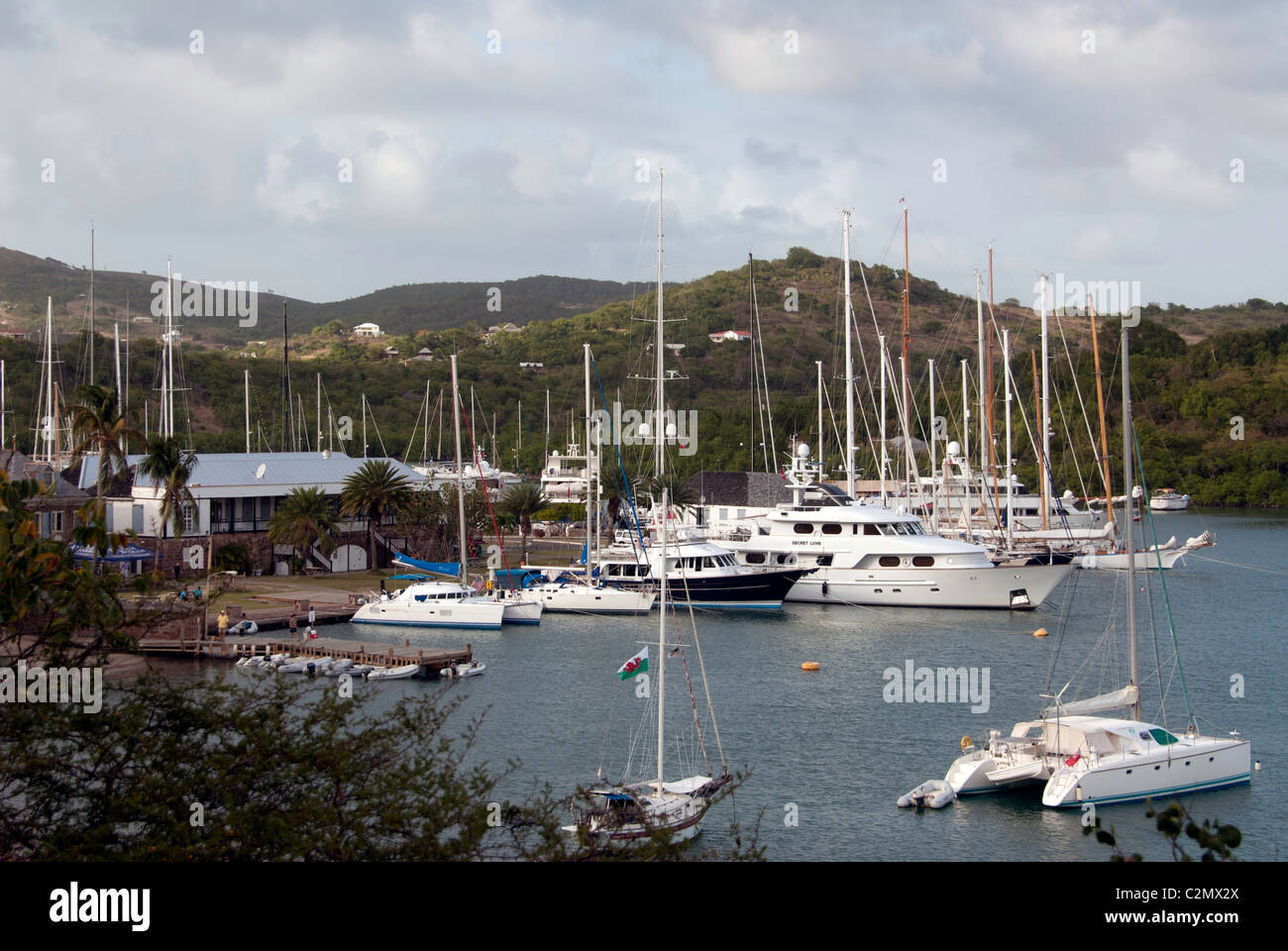 yachts at anchor stern to nelson's dockyard in antigua & barbuda Stock Photo
