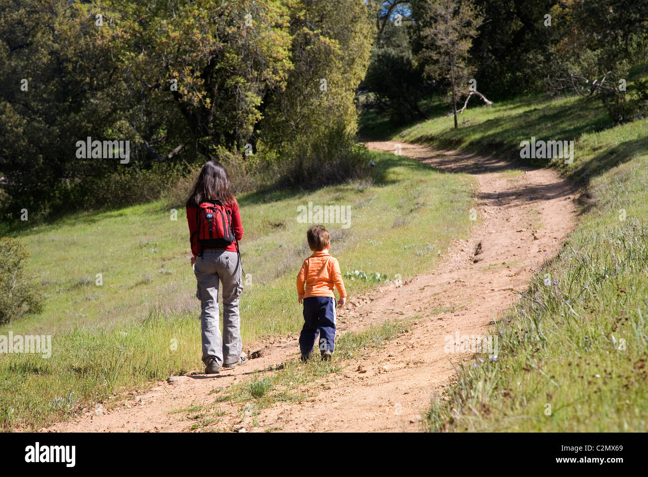 Mother and 3 year old son hiking, Santa Ysabel Open Space, San Diego County, California Stock Photo