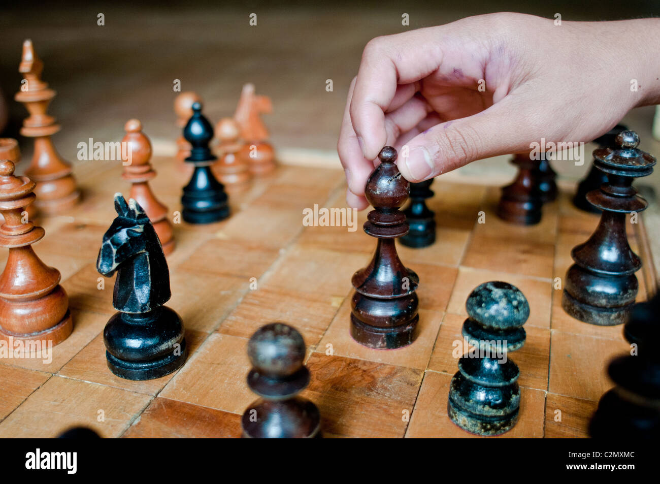 Close Up View Of A Chess Game Board And Pieces Knight Rook Pawn