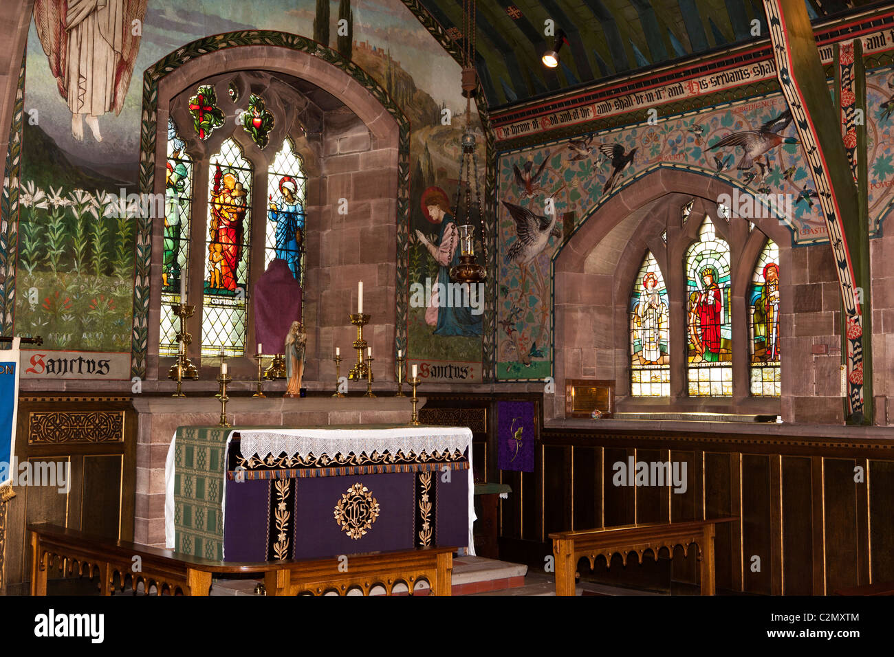 UK, England, Staffordshire, Leek, All Saints church, Lady Chapel altar, wall painting and stained glass window Stock Photo