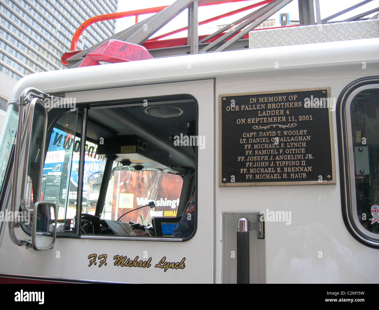 Memorial plaque to 911 on new York fire truck Stock Photo