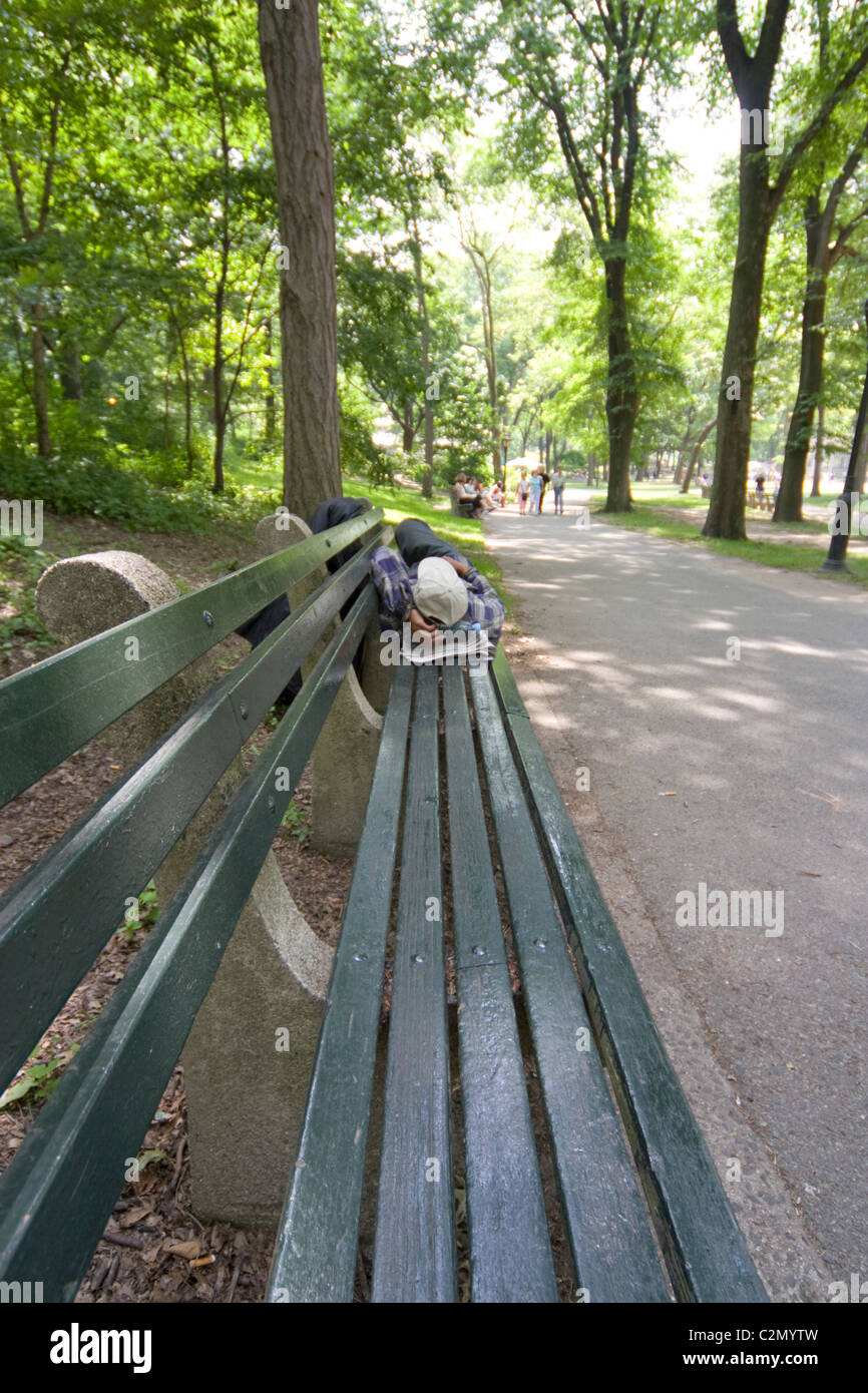 Man sleeping on bench in Central Park New York Stock Photo - Alamy