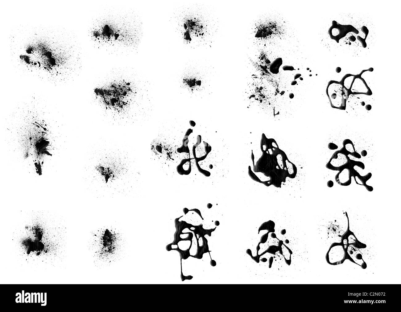 Set of isolated high detailed grunge textured ink and watercolor splat ...