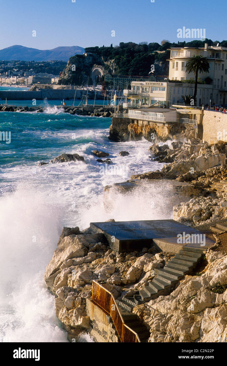 Rough sea in Nice near the beach called 'La Reserve' Stock Photo