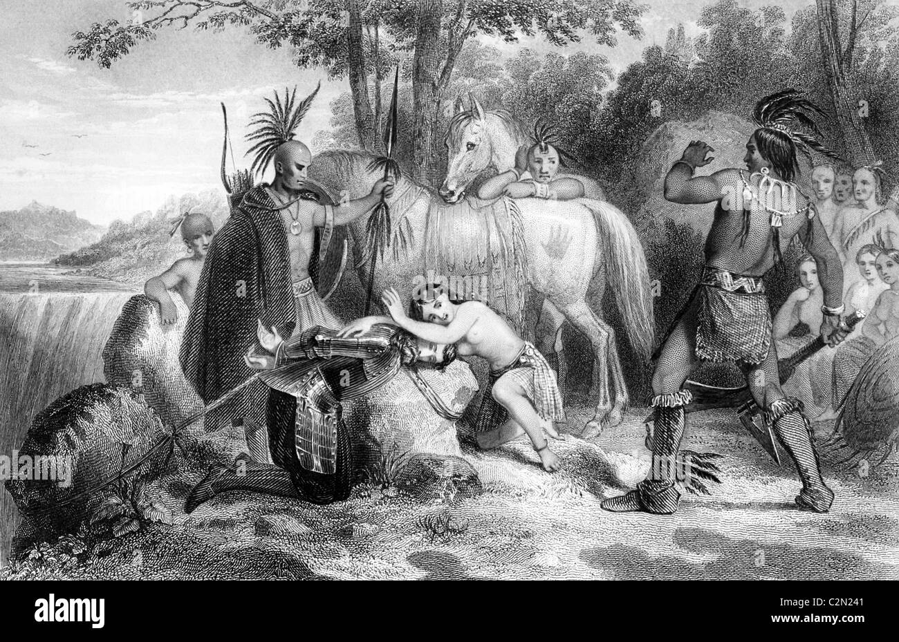 Tradition (not authenticated) says that Pocahontas saved John Smith from death at the hands of Native Americans. Stock Photo