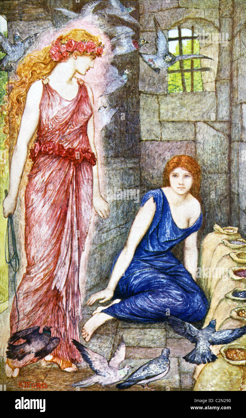 Aphrodite (left) assigned Psyche tasks, including demanding that Psyche separate a huge pile of mixed grains into separate bags. Stock Photo