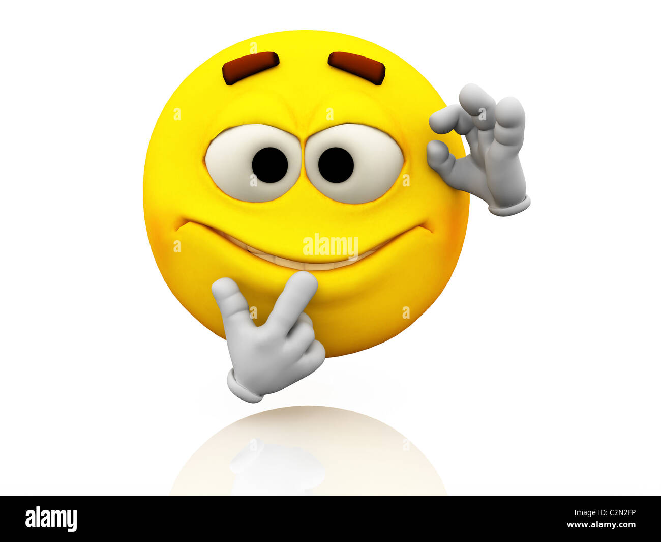 Smiley, Emoticon. Facial expression. Nerd emotional expression on a yellow face with large eyes. Nerd gesture. Stock Photo