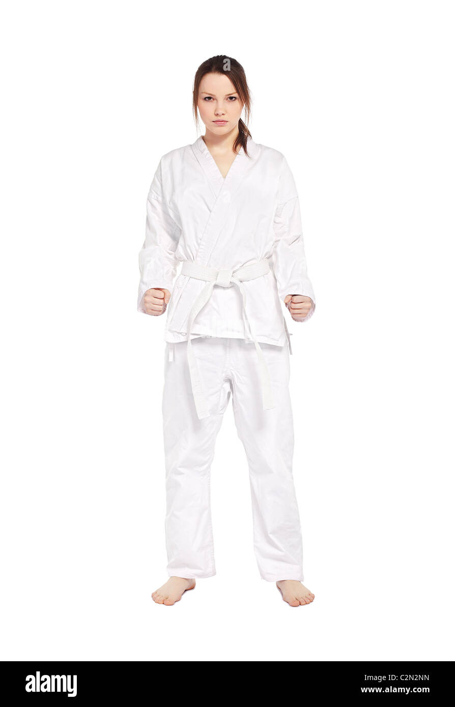 fulllength isolated portrait of beautiful martial arts girl in kimono