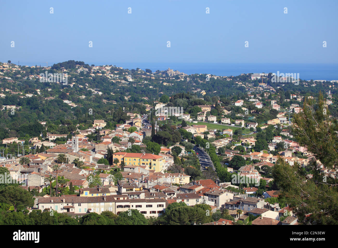 Aerial view of the French Riviera village of La Colle sur Loup Stock