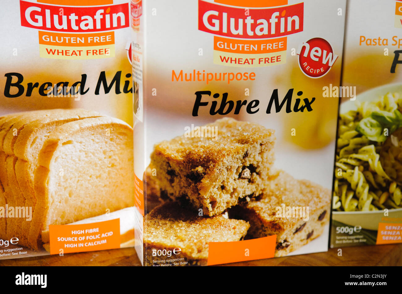 A selection of gluten free and wheat free bread and cake mixes Stock Photo
