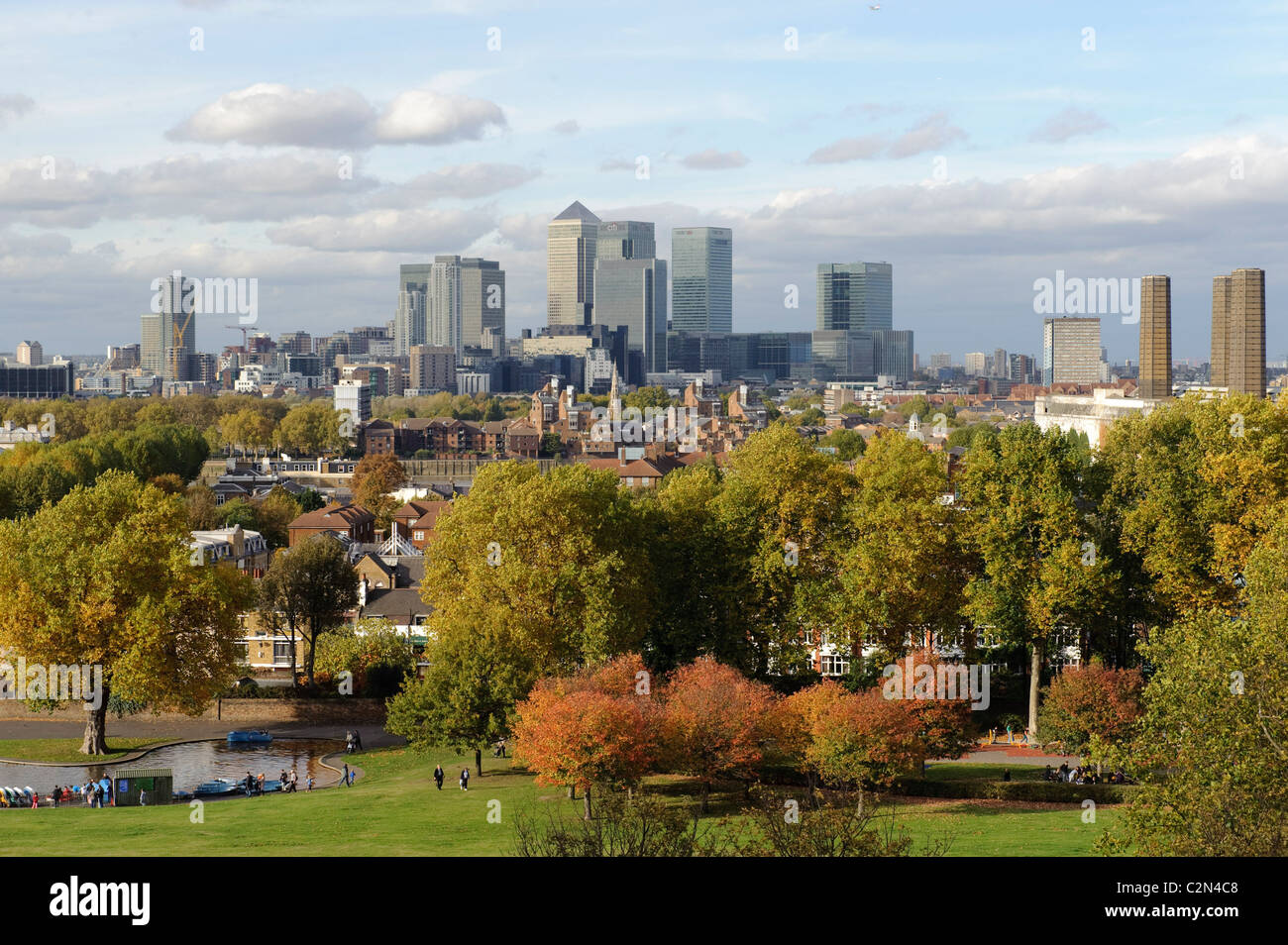 Greenwich in Autumn, view from Greenwich Observatory overlooking London, 26th October 2009. Stock Photo