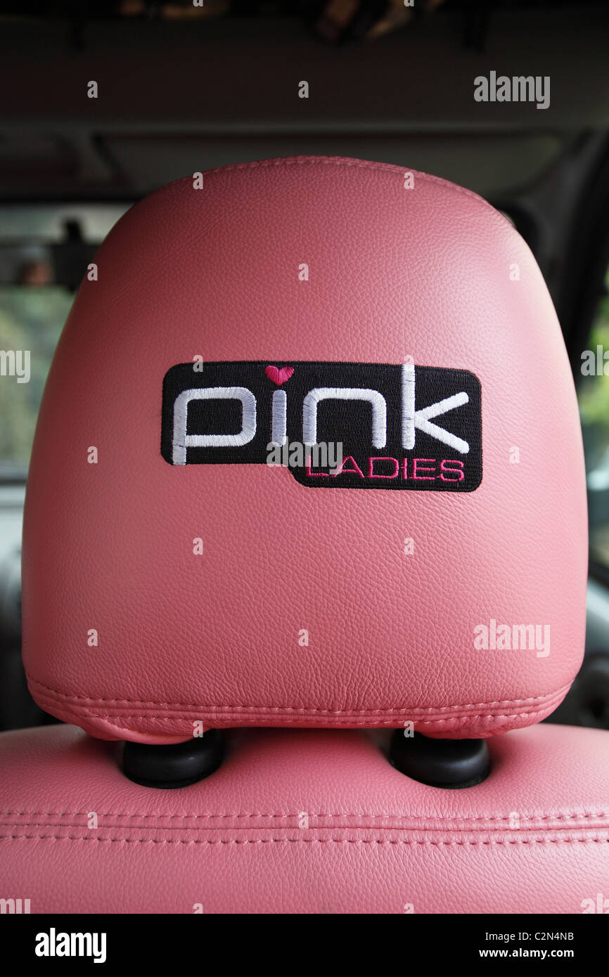 Interior showing headrest of a 'Pink Ladies' taxi, a private taxi cab firm for Ladies only. Stock Photo