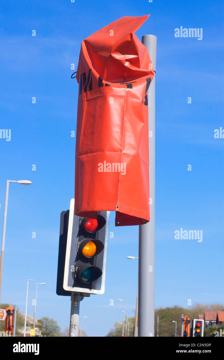 Traffic signals covered with plastic bag and not in operation Stock