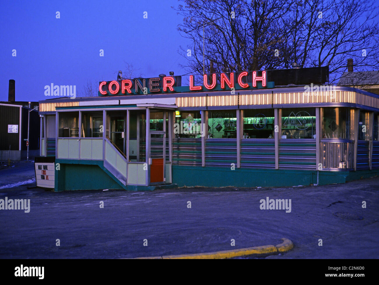 Corner Lunch diner at sunset. Located in Worcester, Massachusetts