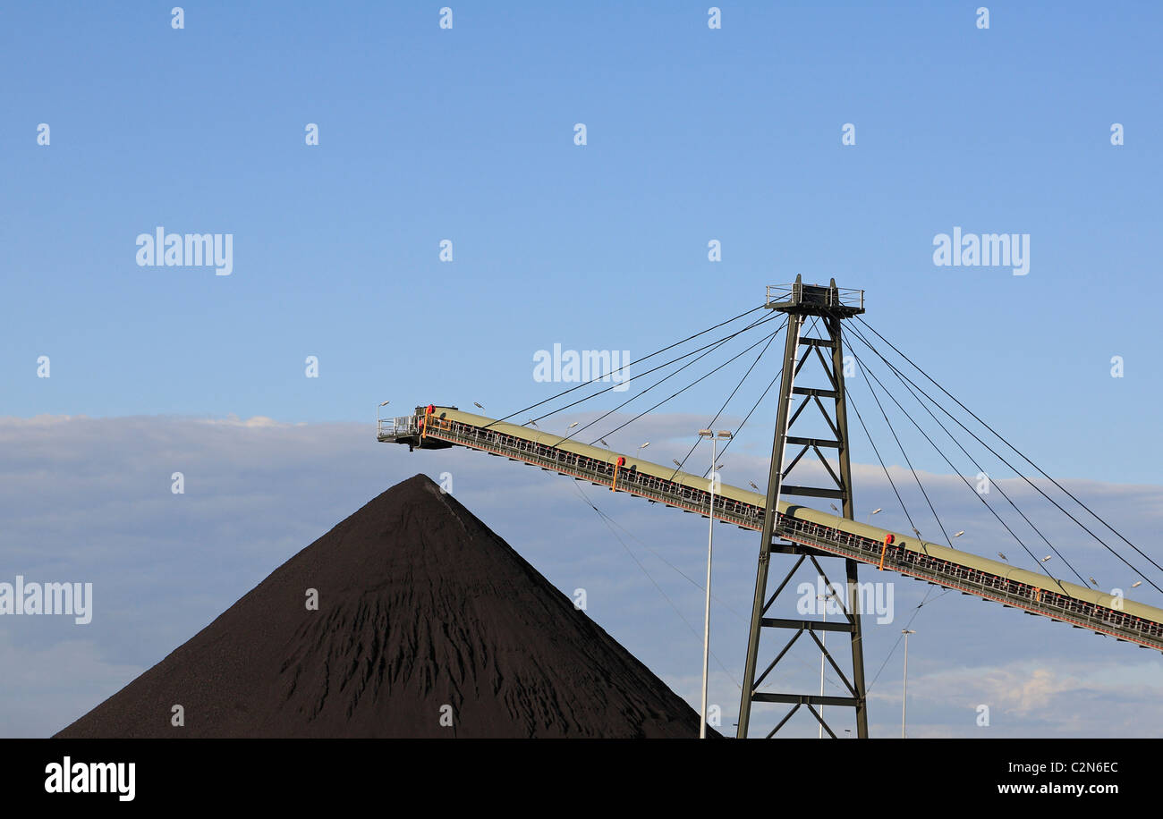 Coal Loading Conveyor Belt and a Pile of Coal at a Coal Mine Stock