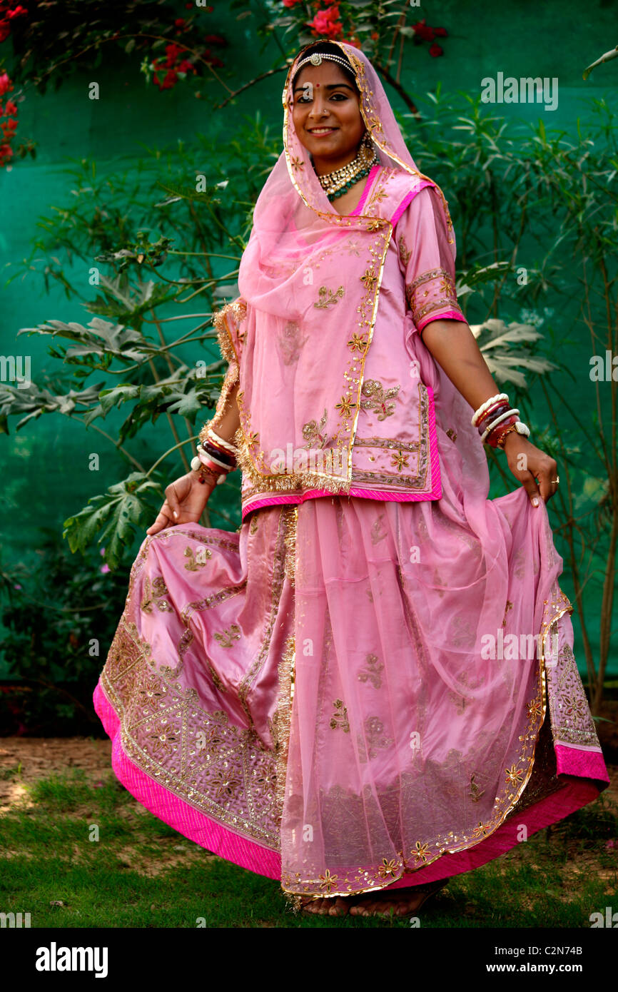 A full portrait of Indian girl wearing rajasthani dress Stock Photo