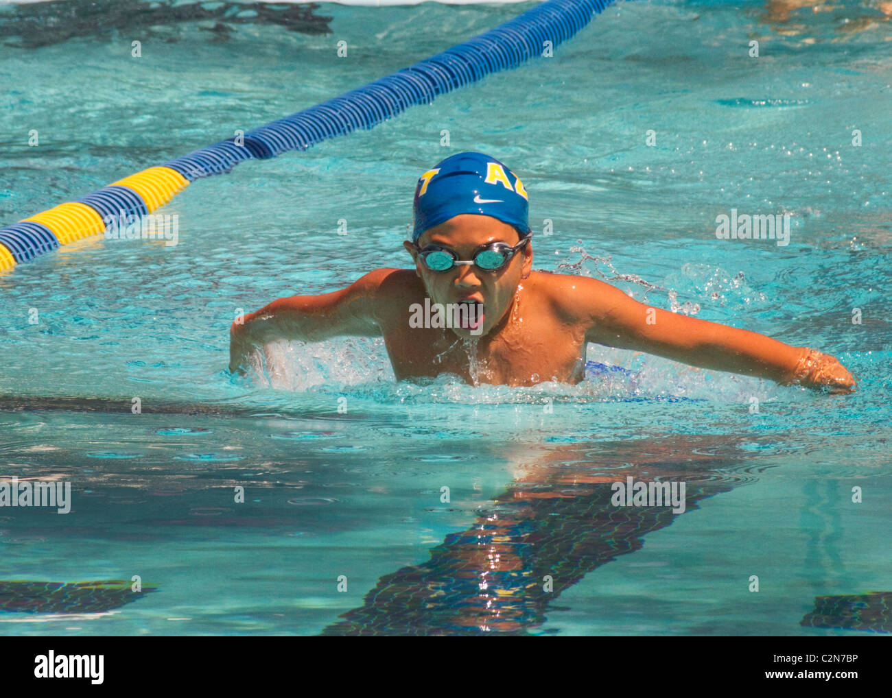 youth swim meet race compete speedo pool water boy girl kid child breast  stroke breath fast sun health exercise 13 yo 14 15 Stock Photo - Alamy