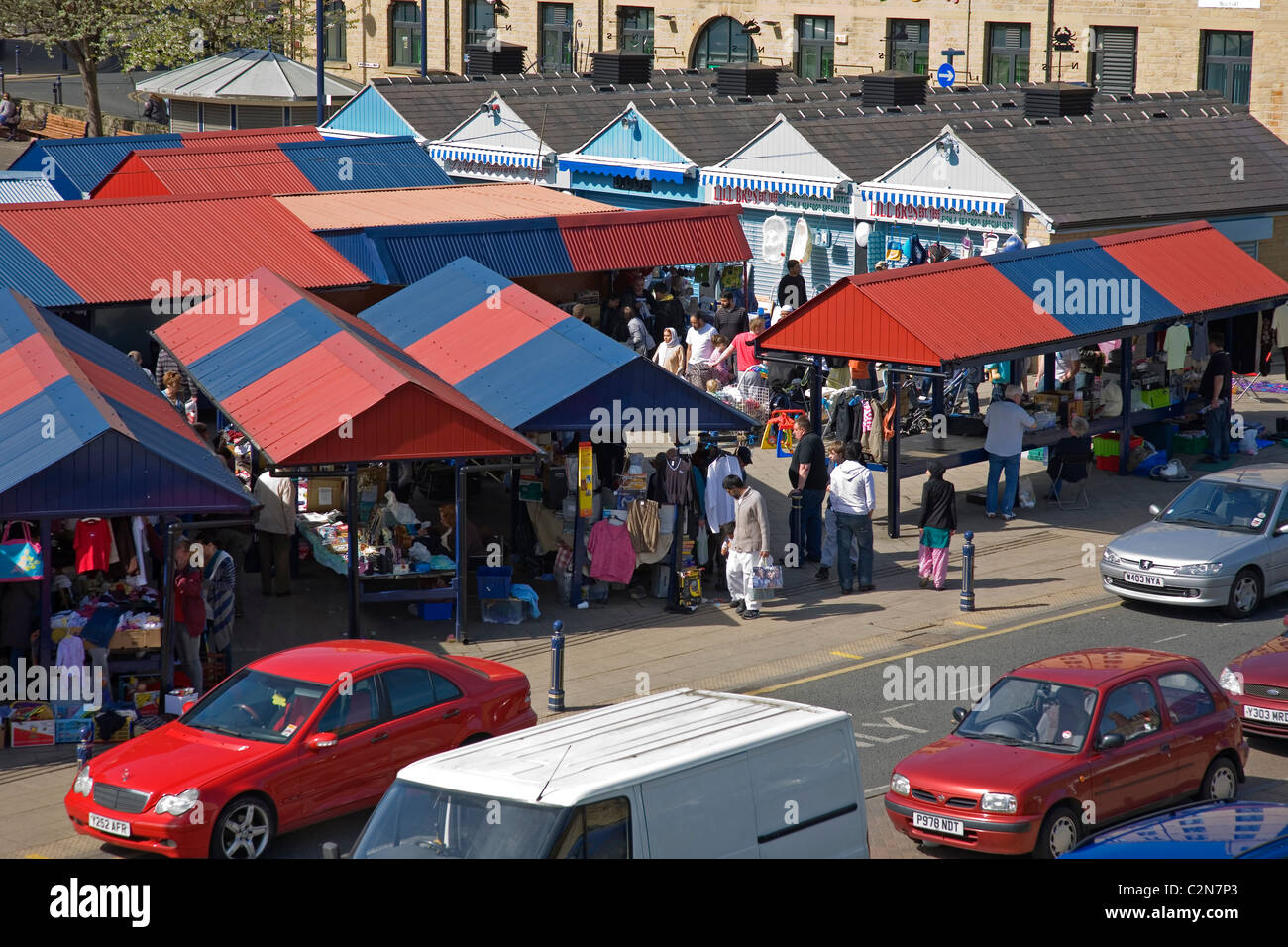 Busy market stalls at Dewsbury open air market, Dewsbury, West