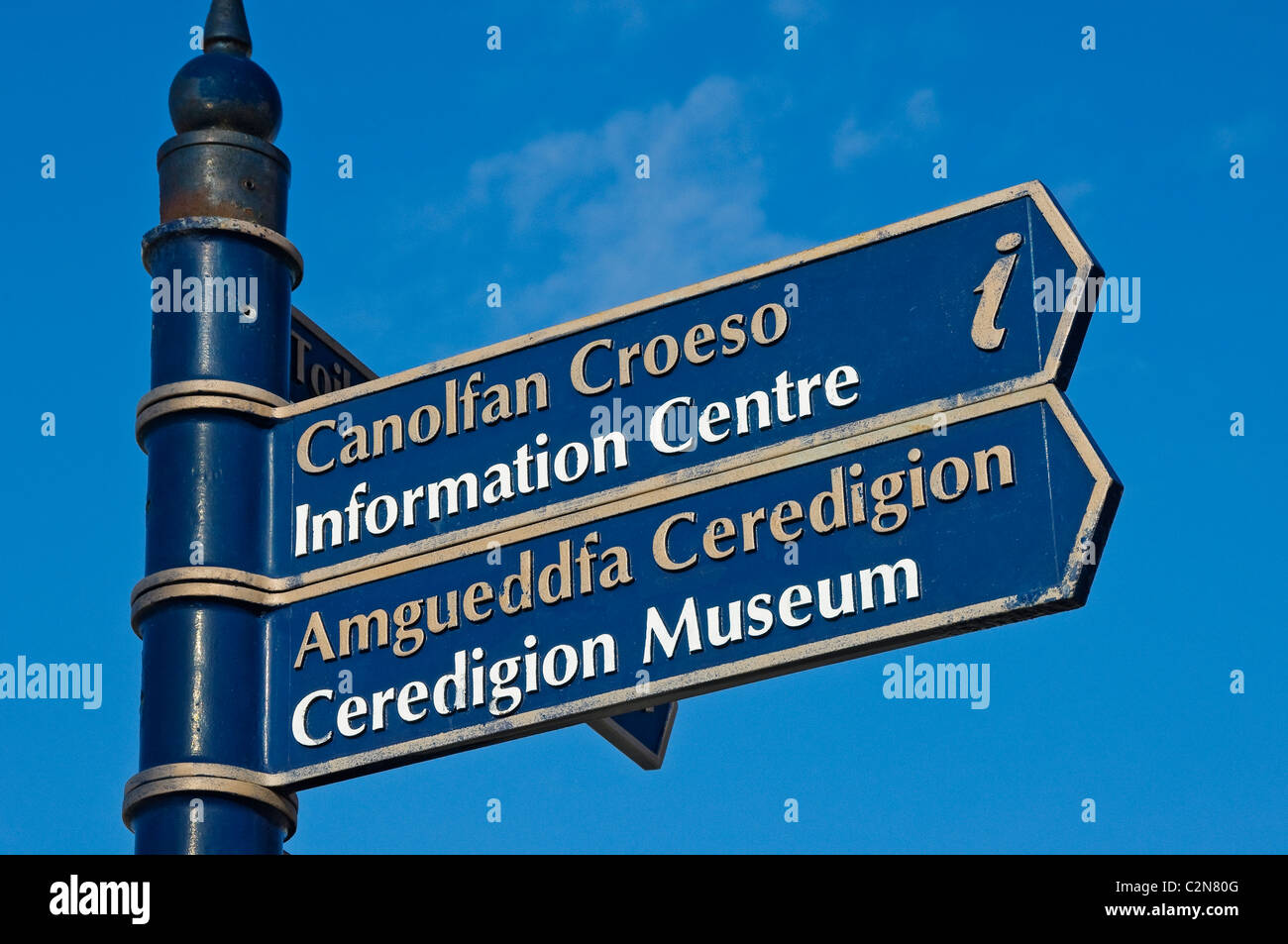Close up of Welsh and English language tourist information sign signs signpost Aberystwyth Ceredigion Cardiganshire Wales UK United Kingdom Britain Stock Photo
